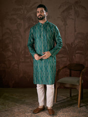 Ethnic Bay Men Turquoise Blue Silk Blend Floral Printed Straight Kurta-MKU1921