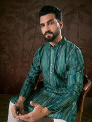 Ethnic Bay Men Turquoise Blue Silk Blend Floral Printed Straight Kurta-MKU1921