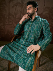 Ethnic Bay Men Turquoise Blue Silk Blend Floral Printed Straight Kurta-MKU1921