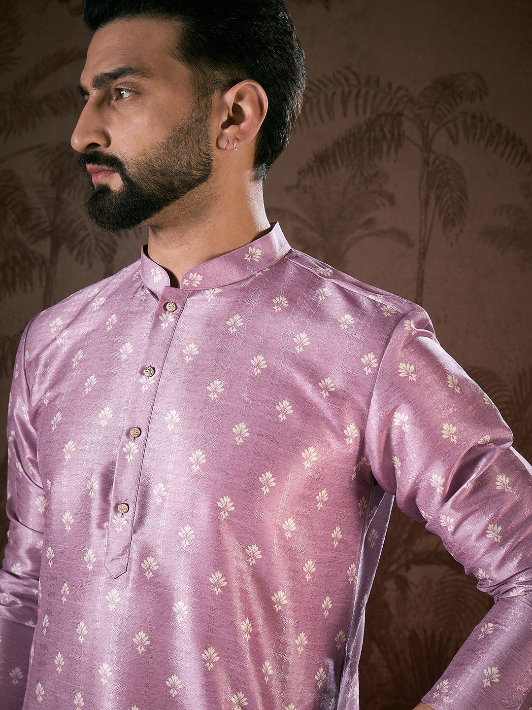 Ethnic Bay Men Lavender Silk Blend Floral Printed Straight Kurta