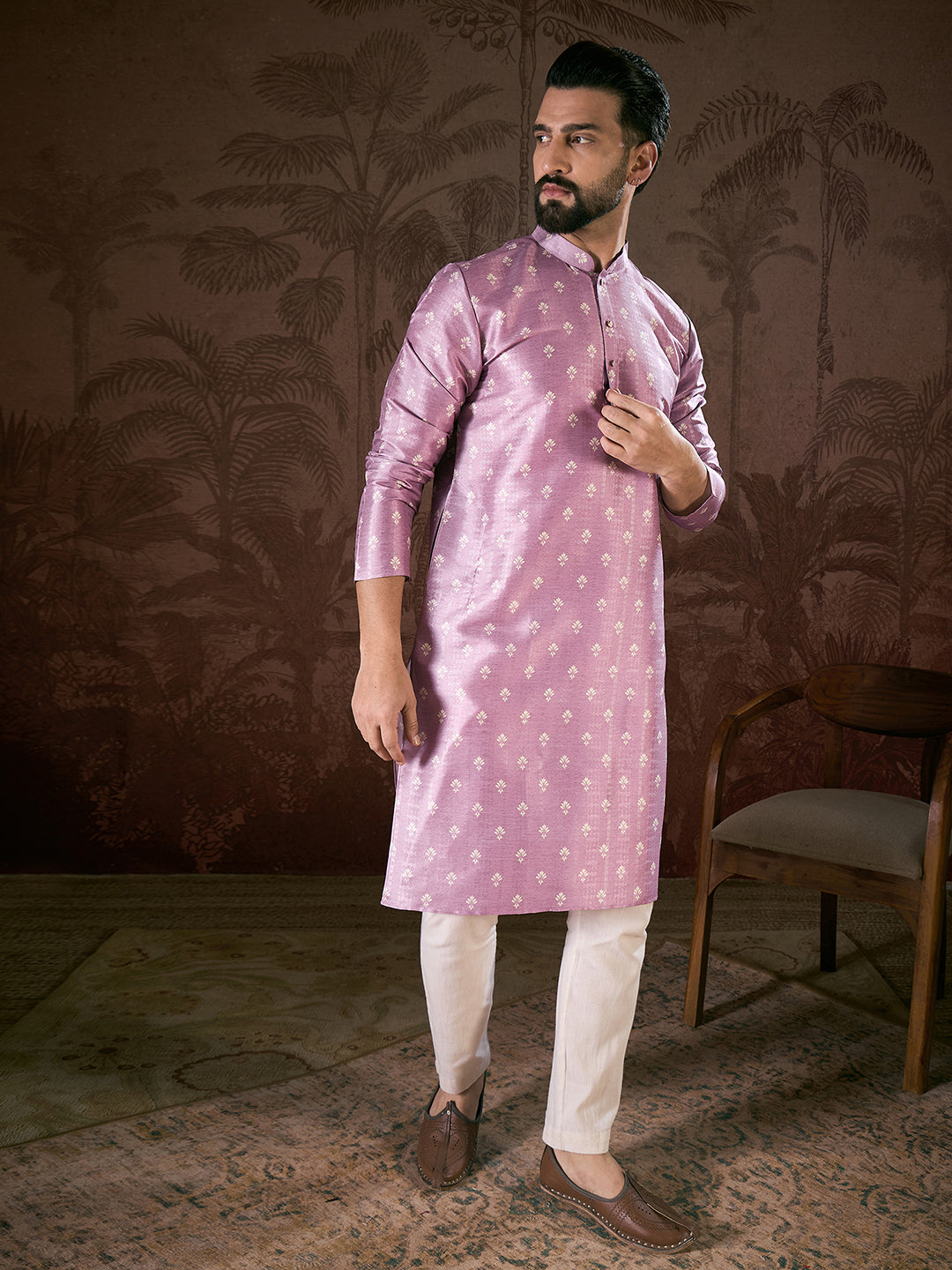 Ethnic Bay Men Lavender Silk Blend Floral Printed Straight Kurta