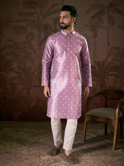 Ethnic Bay Men Lavender Silk Blend Floral Printed Straight Kurta-MKU1922