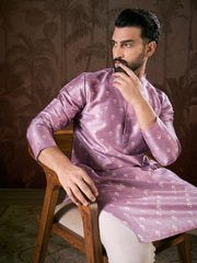 Ethnic Bay Men Lavender Silk Blend Floral Printed Straight Kurta-MKU1922