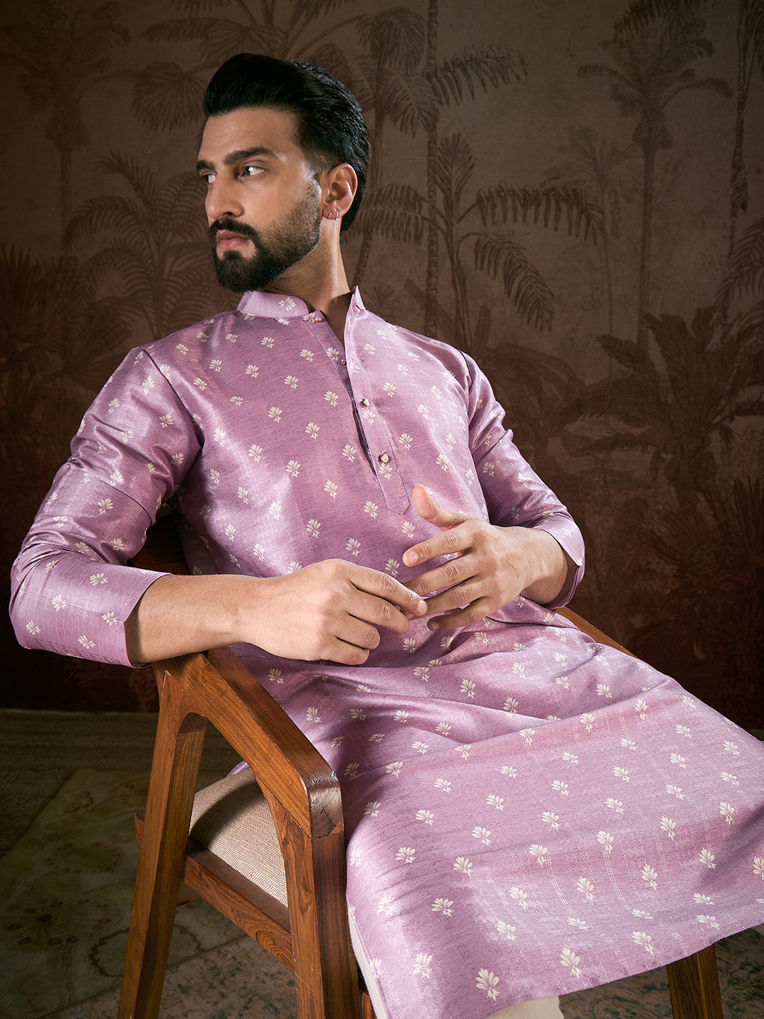 Ethnic Bay Men Lavender Silk Blend Floral Printed Straight Kurta