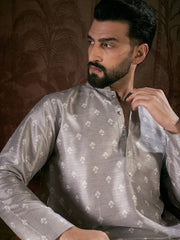 Ethnic Bay Men Grey Silk Blend Floral Printed Straight Kurta-MKU1923