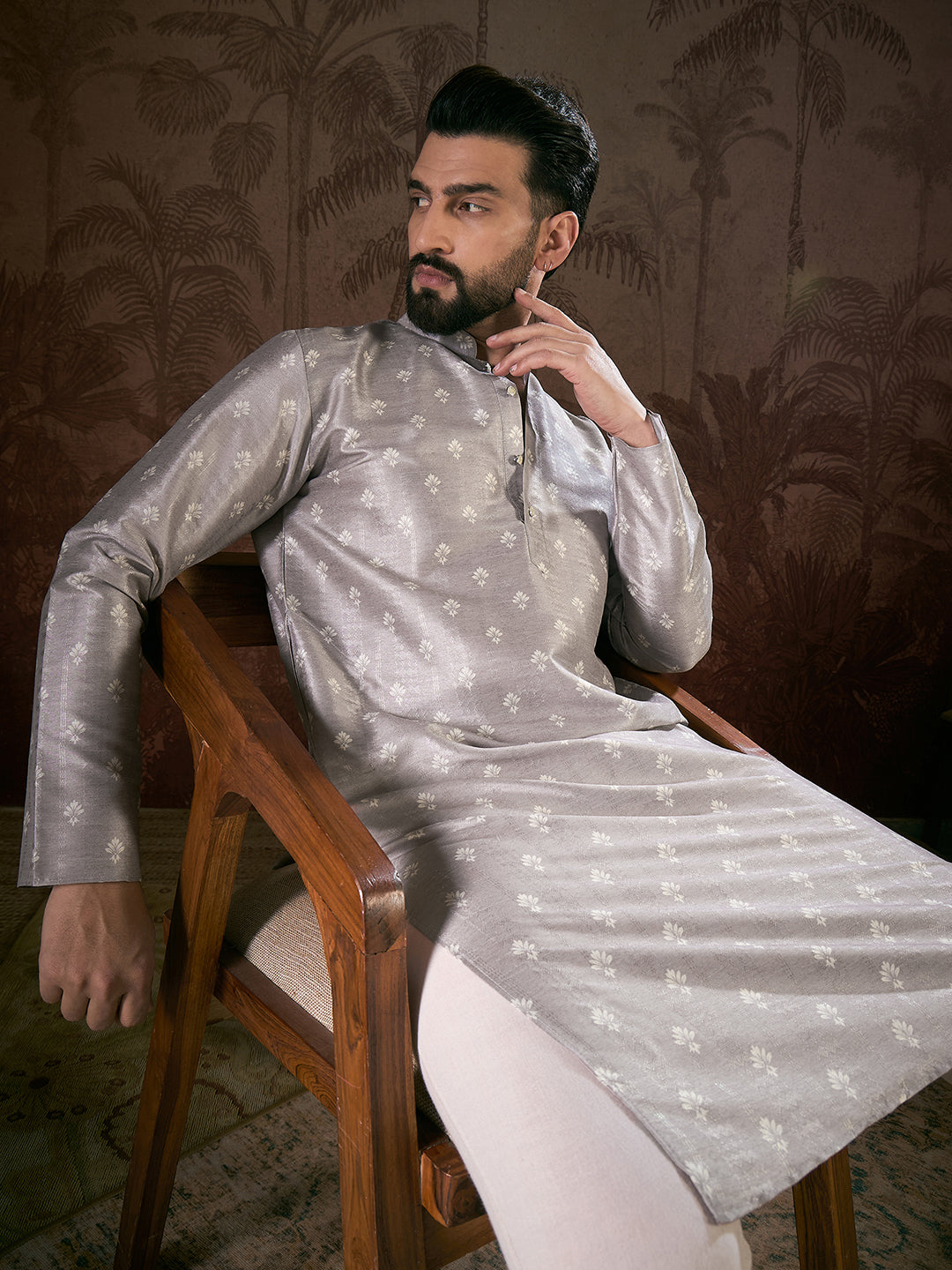Ethnic Bay Men Grey Silk Blend Floral Printed Straight Kurta