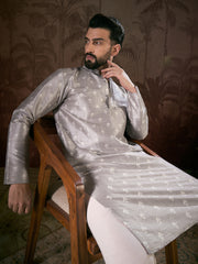 Ethnic Bay Men Grey Silk Blend Floral Printed Straight Kurta-MKU1923