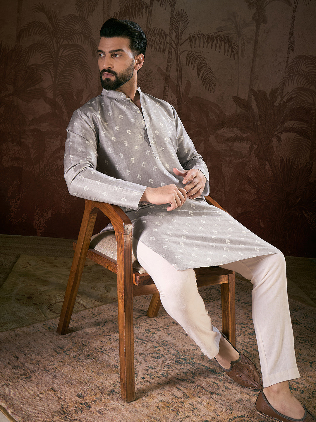 Ethnic Bay Men Grey Silk Blend Floral Printed Straight Kurta
