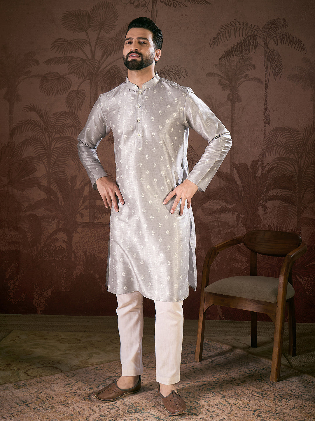 Ethnic Bay Men Grey Silk Blend Floral Printed Straight Kurta