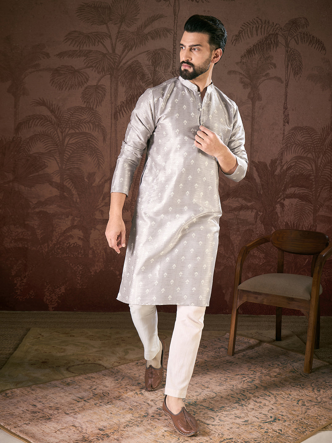 Ethnic Bay Men Grey Silk Blend Floral Printed Straight Kurta