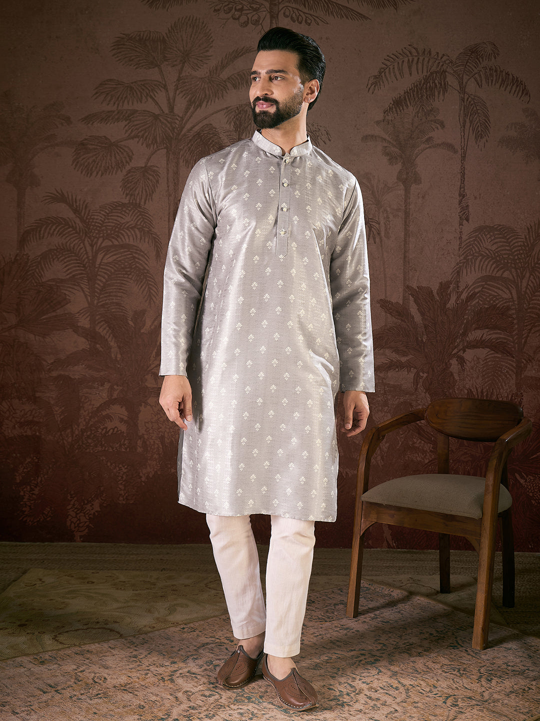 Ethnic Bay Men Grey Silk Blend Floral Printed Straight Kurta
