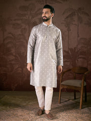 Ethnic Bay Men Grey Silk Blend Floral Printed Straight Kurta-MKU1923