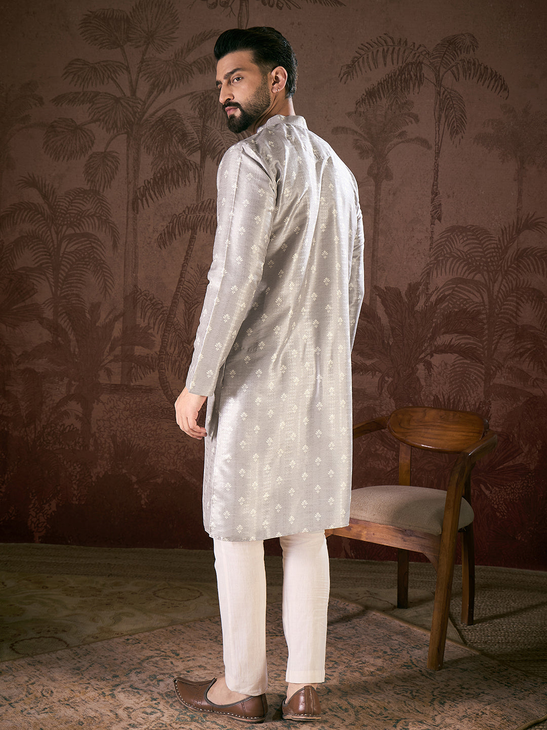 Ethnic Bay Men Grey Silk Blend Floral Printed Straight Kurta