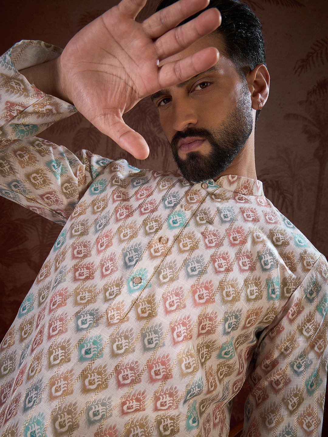 Ethnic Bay Men White Silk Blend Ethnic Motifs Printed Straight Kurta