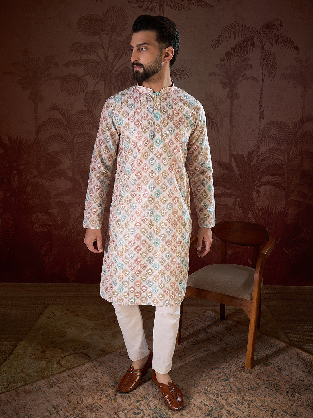 Ethnic Bay Men White Silk Blend Ethnic Motifs Printed Straight Kurta