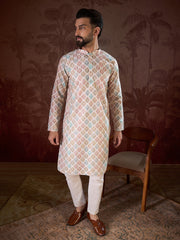 Ethnic Bay Men White Silk Blend Ethnic Motifs Printed Straight Kurta-MKU1924