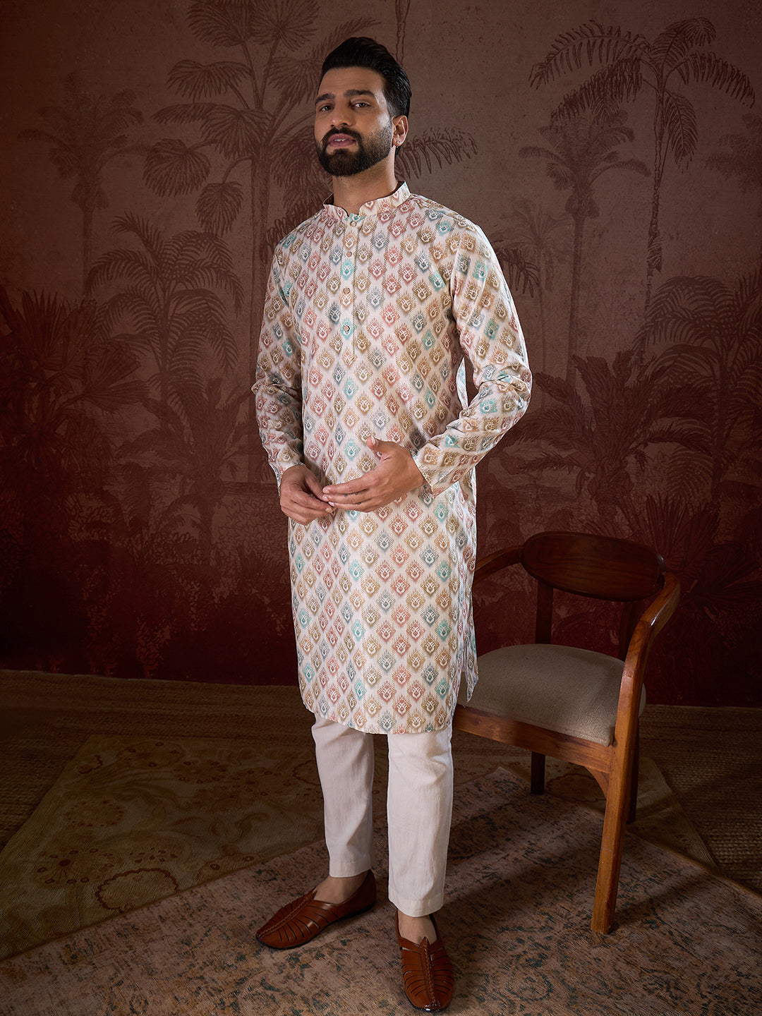 Ethnic Bay Men White Silk Blend Ethnic Motifs Printed Straight Kurta