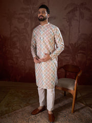 Ethnic Bay Men White Silk Blend Ethnic Motifs Printed Straight Kurta-MKU1924