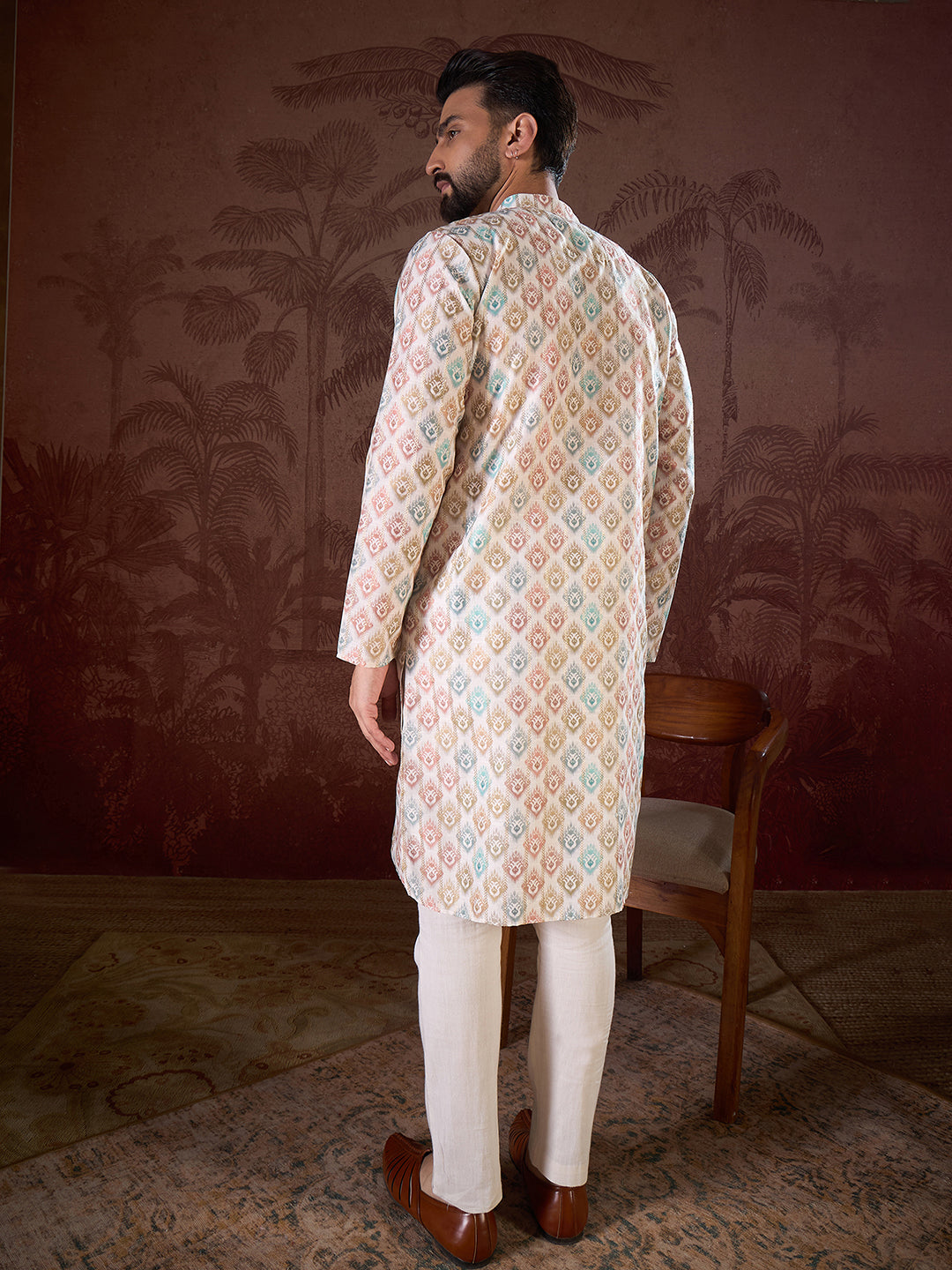 Ethnic Bay Men White Silk Blend Ethnic Motifs Printed Straight Kurta