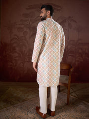 Ethnic Bay Men White Silk Blend Ethnic Motifs Printed Straight Kurta-MKU1924