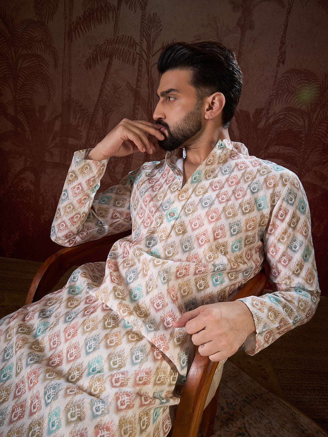 Ethnic Bay Men White Silk Blend Ethnic Motifs Printed Straight Kurta