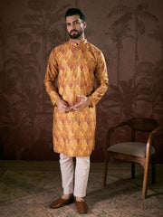 Ethnic Bay Men Mustard Silk Blend Ethnic Motifs Printed Straight Kurta-MKU1925