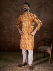 Ethnic Bay Men Mustard Silk Blend Ethnic Motifs Printed Straight Kurta-MKU1925