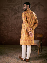 Ethnic Bay Men Mustard Silk Blend Ethnic Motifs Printed Straight Kurta-MKU1925