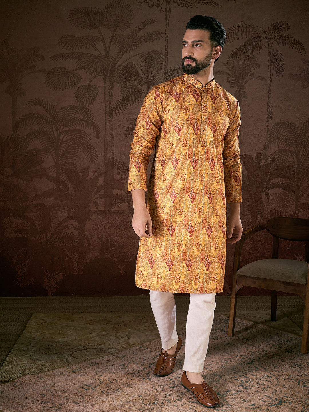 Ethnic Bay Men Mustard Silk Blend Ethnic Motifs Printed Straight Kurta