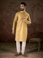 Ethnic Bay Men Mustard Silk Blend Ethnic Motifs Printed Straight Kurta-MKU1926