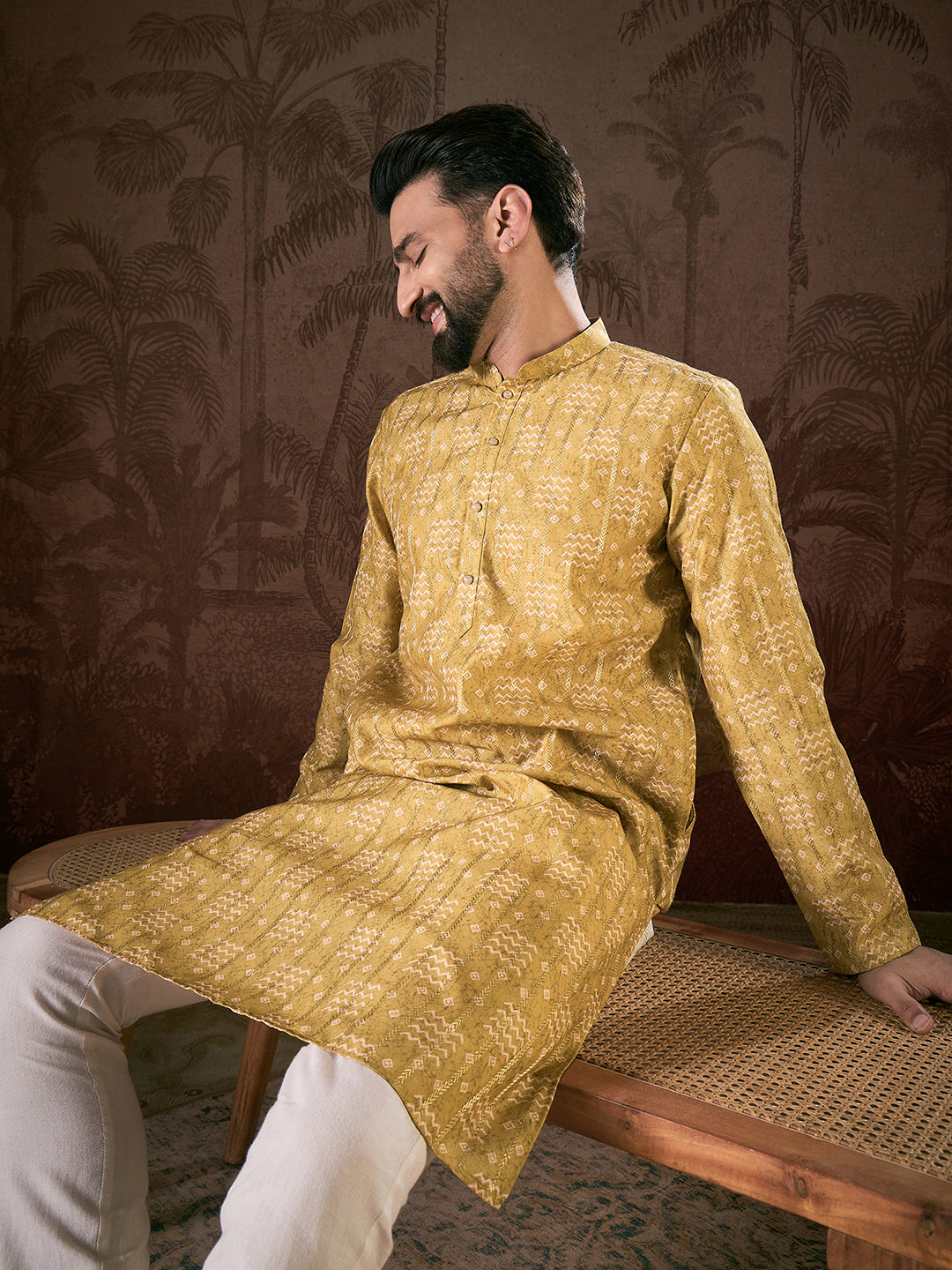 Ethnic Bay Men Mustard Silk Blend Ethnic Motifs Printed Straight Kurta