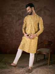 Ethnic Bay Men Mustard Silk Blend Ethnic Motifs Printed Straight Kurta-MKU1926