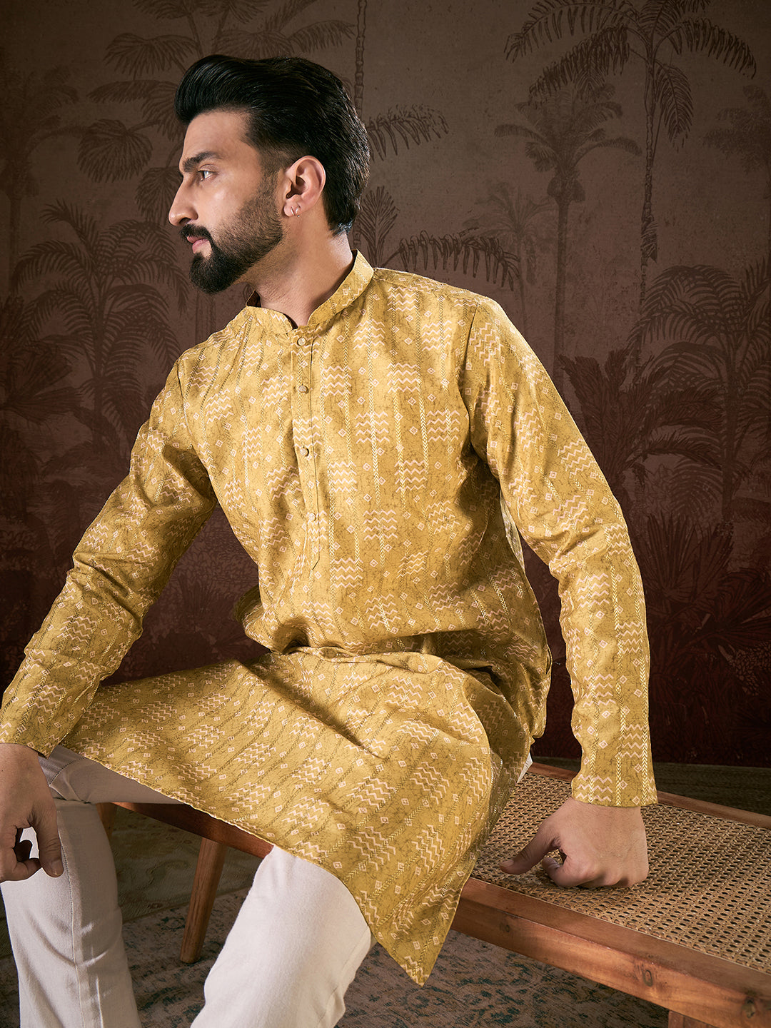 Ethnic Bay Men Mustard Silk Blend Ethnic Motifs Printed Straight Kurta