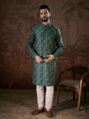 Ethnic Bay Men Sea Green Silk Blend Ethnic Motifs Printed Straight Kurta-MKU1927