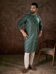 Ethnic Bay Men Sea Green Silk Blend Ethnic Motifs Printed Straight Kurta-MKU1927