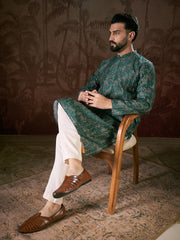 Ethnic Bay Men Sea Green Silk Blend Ethnic Motifs Printed Straight Kurta-MKU1927