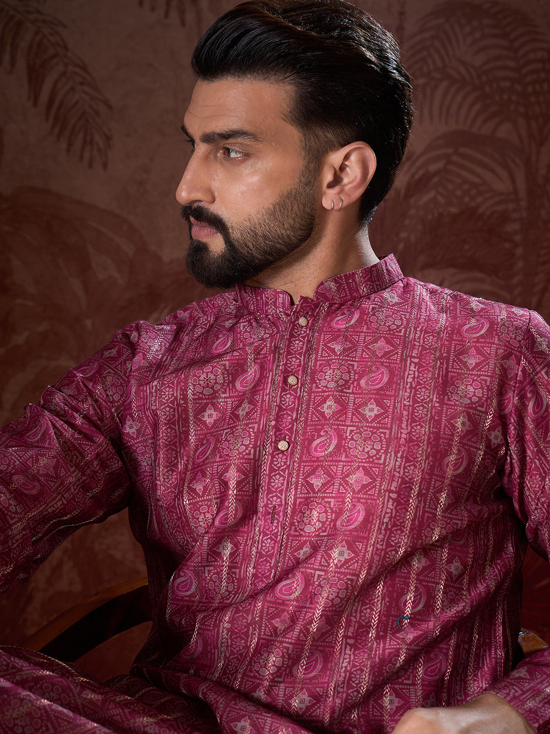 Ethnic Bay Men Maroon Silk Blend Ethnic Motifs Printed Straight Kurta