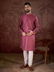 Ethnic Bay Men Maroon Silk Blend Ethnic Motifs Printed Straight Kurta-MKU1928