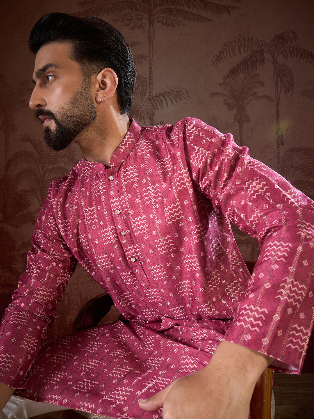 Ethnic Bay Men Pink Silk Blend Ethnic Motifs Printed Straight Kurta
