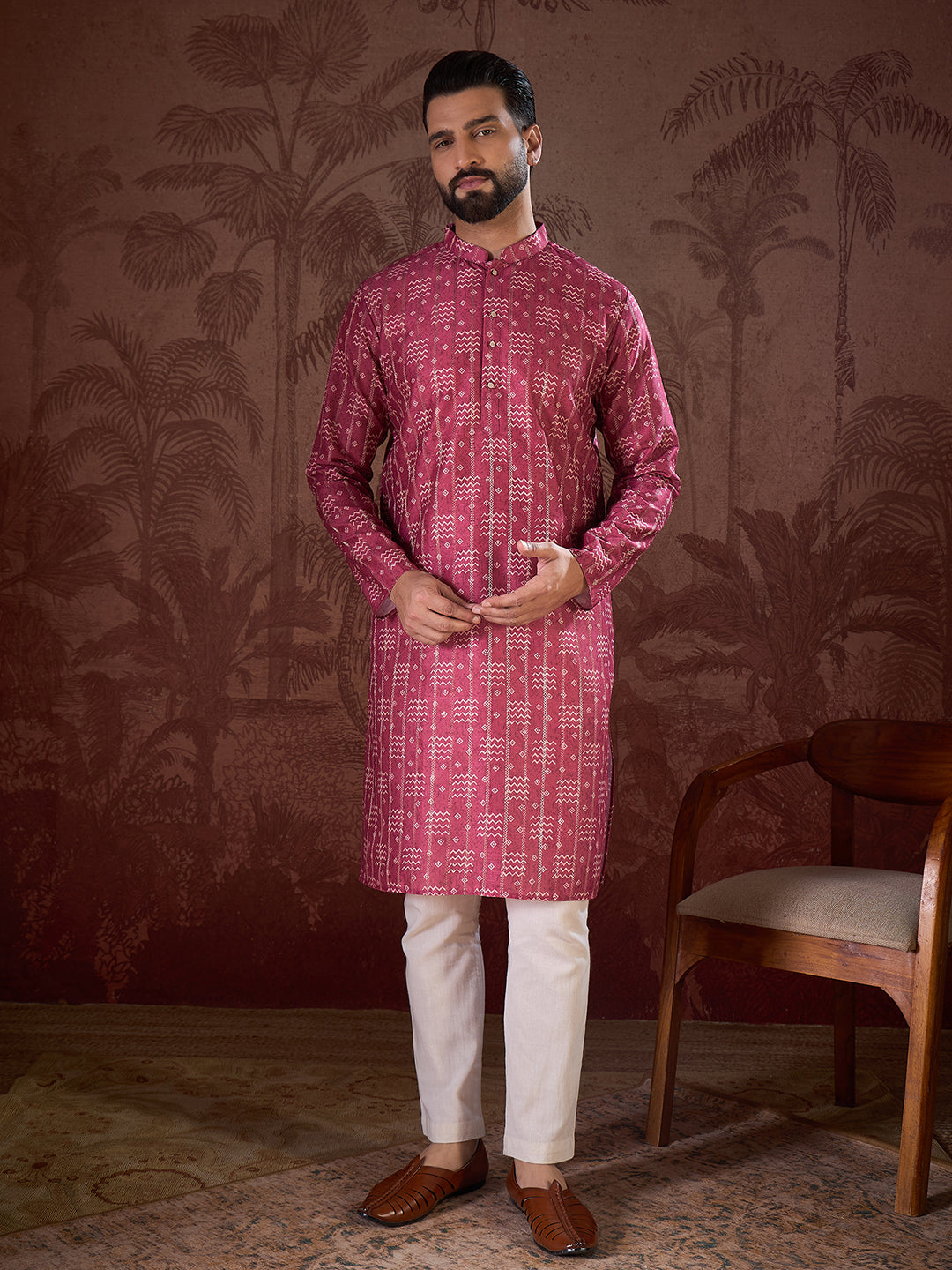 Ethnic Bay Men Pink Silk Blend Ethnic Motifs Printed Straight Kurta