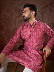 Ethnic Bay Men Pink Silk Blend Ethnic Motifs Printed Straight Kurta-MKU1929