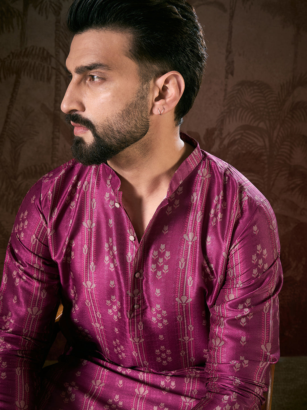 Ethnic Bay Men Purple Silk Blend Floral Printed Straight Kurta