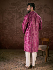 Ethnic Bay Men Purple Silk Blend Floral Printed Straight Kurta-MKU1930