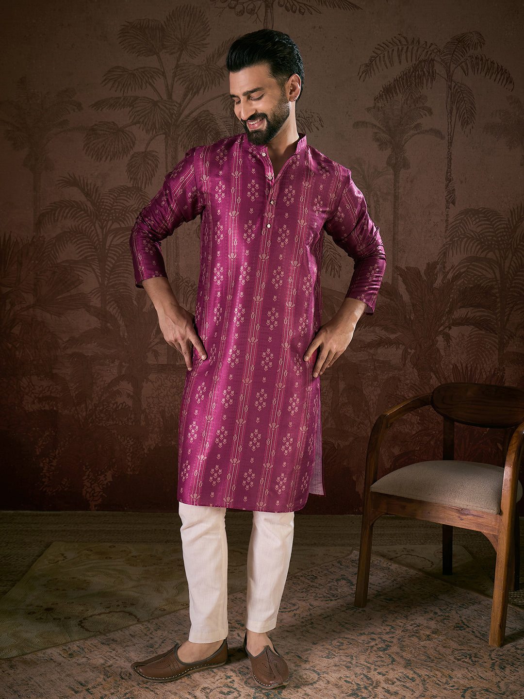 Ethnic Bay Men Purple Silk Blend Floral Printed Straight Kurta