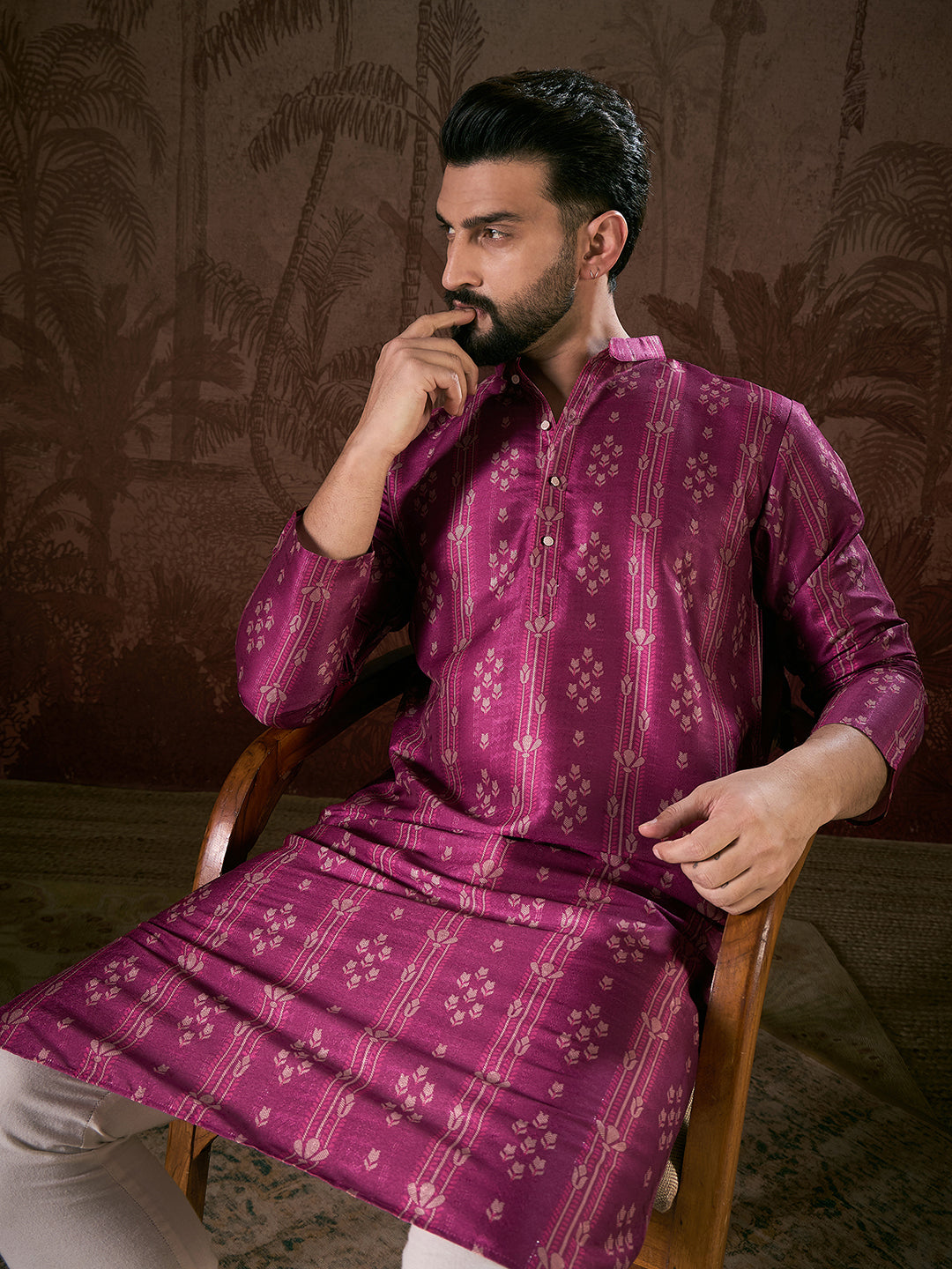 Ethnic Bay Men Purple Silk Blend Floral Printed Straight Kurta