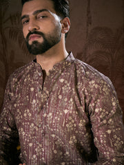 Ethnic Bay Men Mauve Silk Blend Floral Printed Straight Kurta-MKU1932