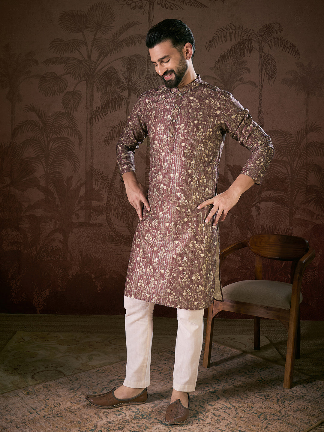 Ethnic Bay Men Mauve Silk Blend Floral Printed Straight Kurta