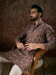 Ethnic Bay Men Mauve Silk Blend Floral Printed Straight Kurta-MKU1932