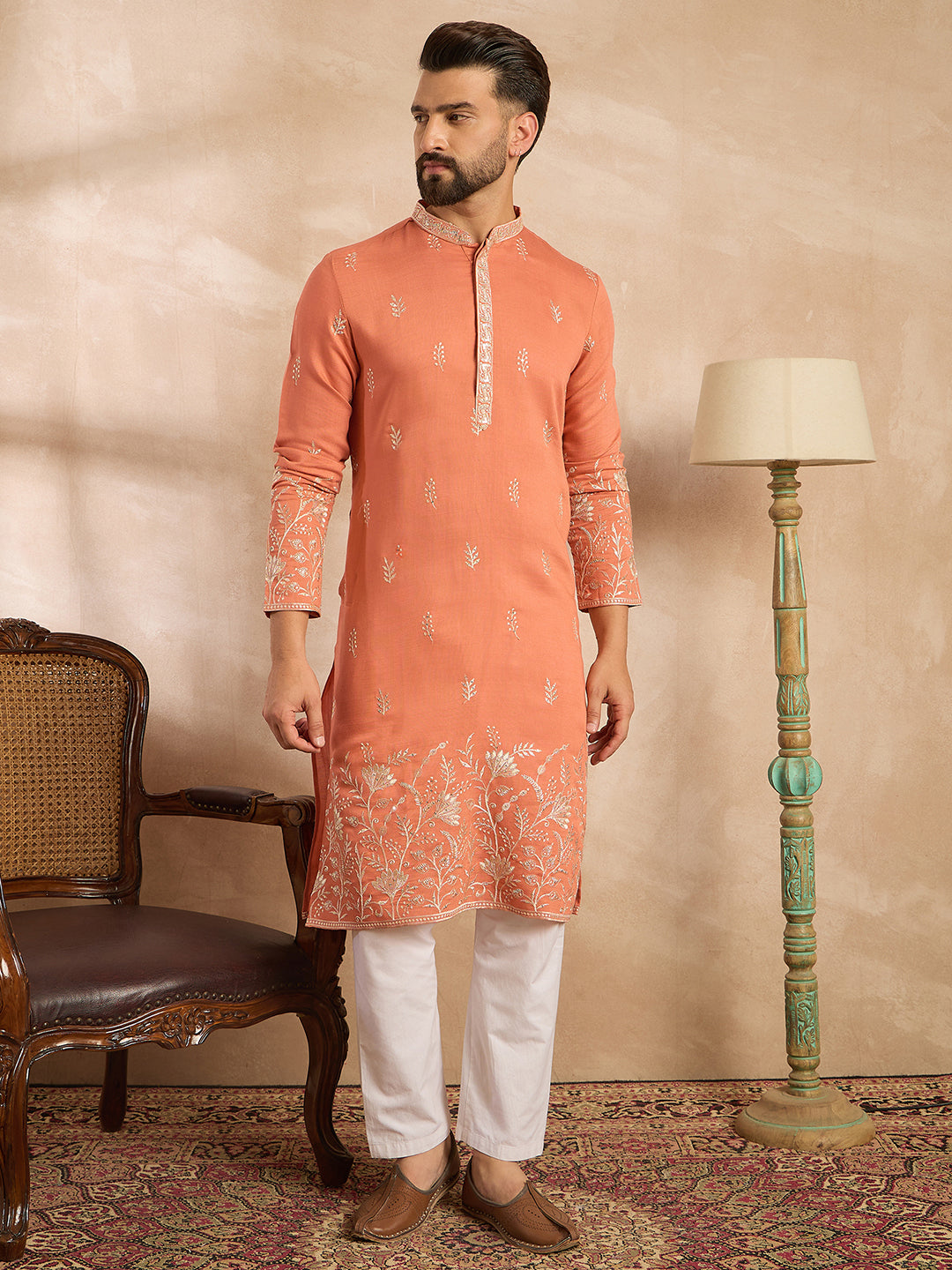 Ethnic Bay Men Peach Vartican Solid Embroidered Straight Kurta