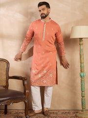 Ethnic Bay Men Peach Vartican Solid Embroidered Straight Kurta-MKU1935